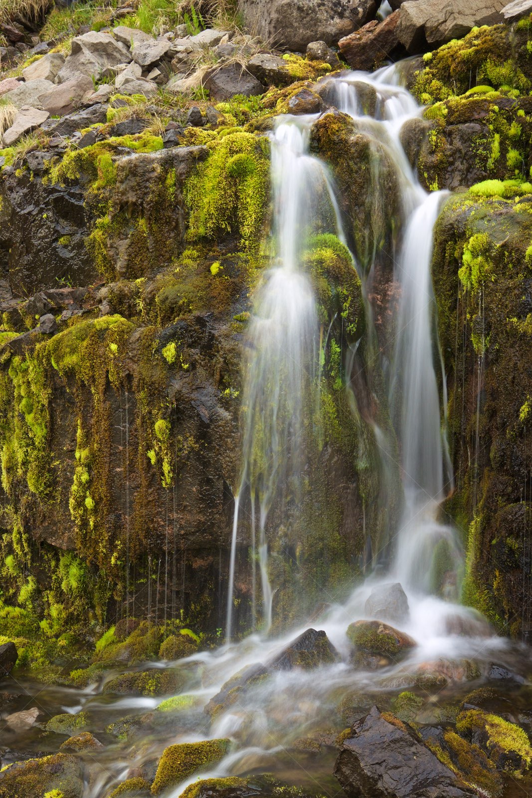 Moss-covered waterfall cascade in Iceland