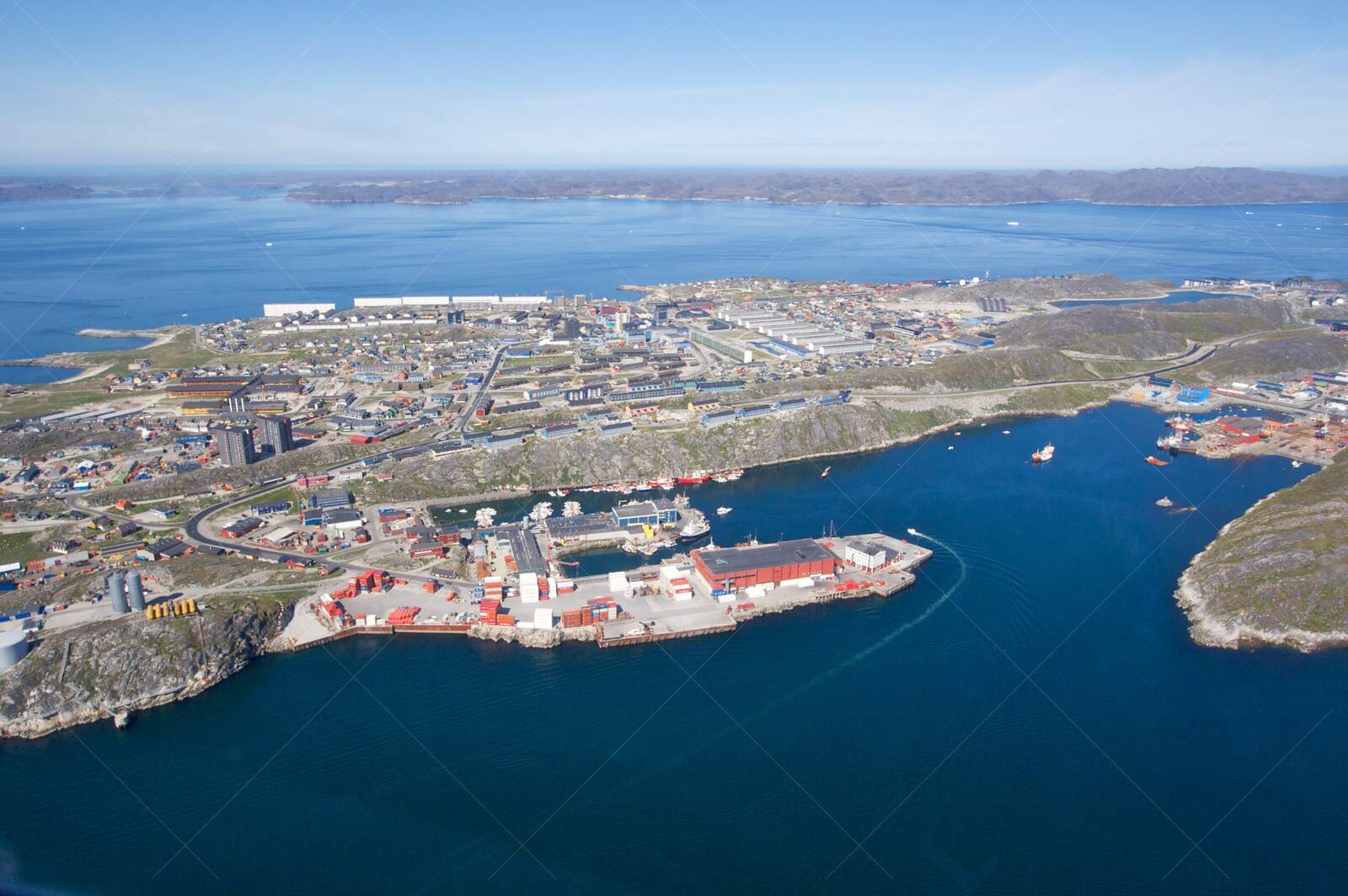 Aerial view of Nuuk harbor and cityscape in Greenland