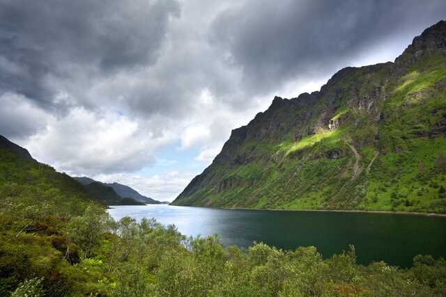 Serene fjord with lush green mountains under dramatic clouds