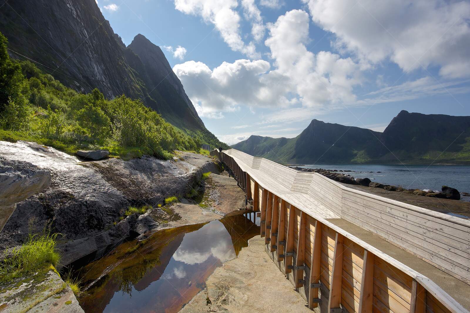 Wooden walkway along rocky coast with mountains in Norway
