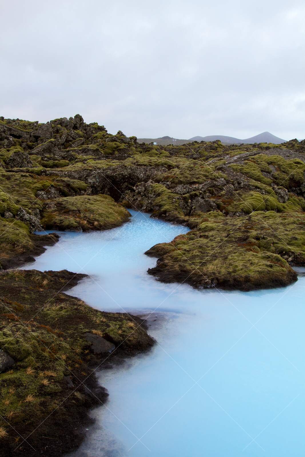 Milky Blue Lagoon Lagoon in Iceland with Mossy Lava Rocks