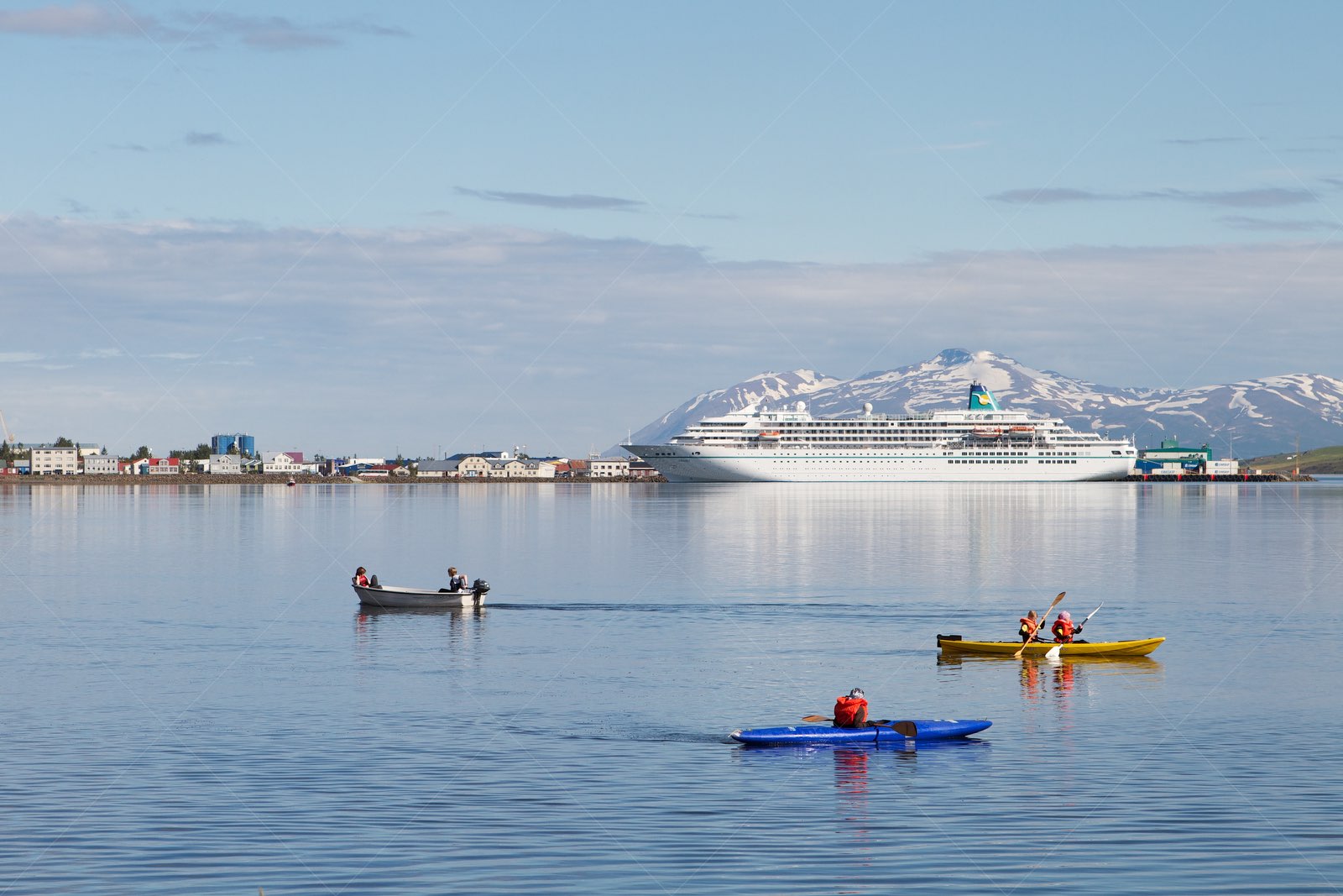 Cruise Ship and Kayakers in Akureyri Harbor Iceland