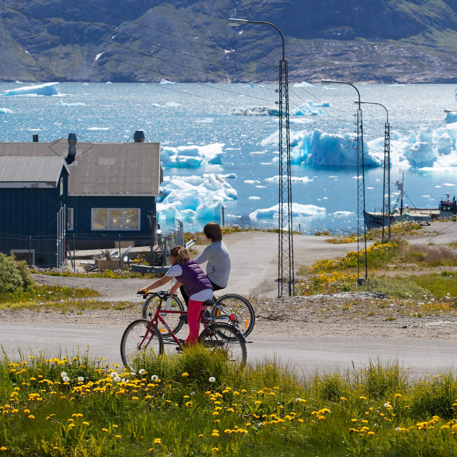 Two people cycling near iceberg-filled fjord in Greenland, Narsaq