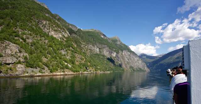 Geirangerfjord cruise with scenic mountain views in Norway