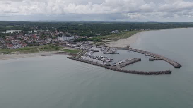 Aerial view of Hornbæk marina and coastline in Denmark