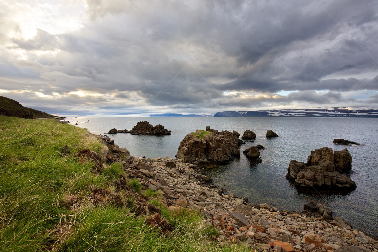 Djúpvegur rocky coastline in Ísafjarðarbær Iceland