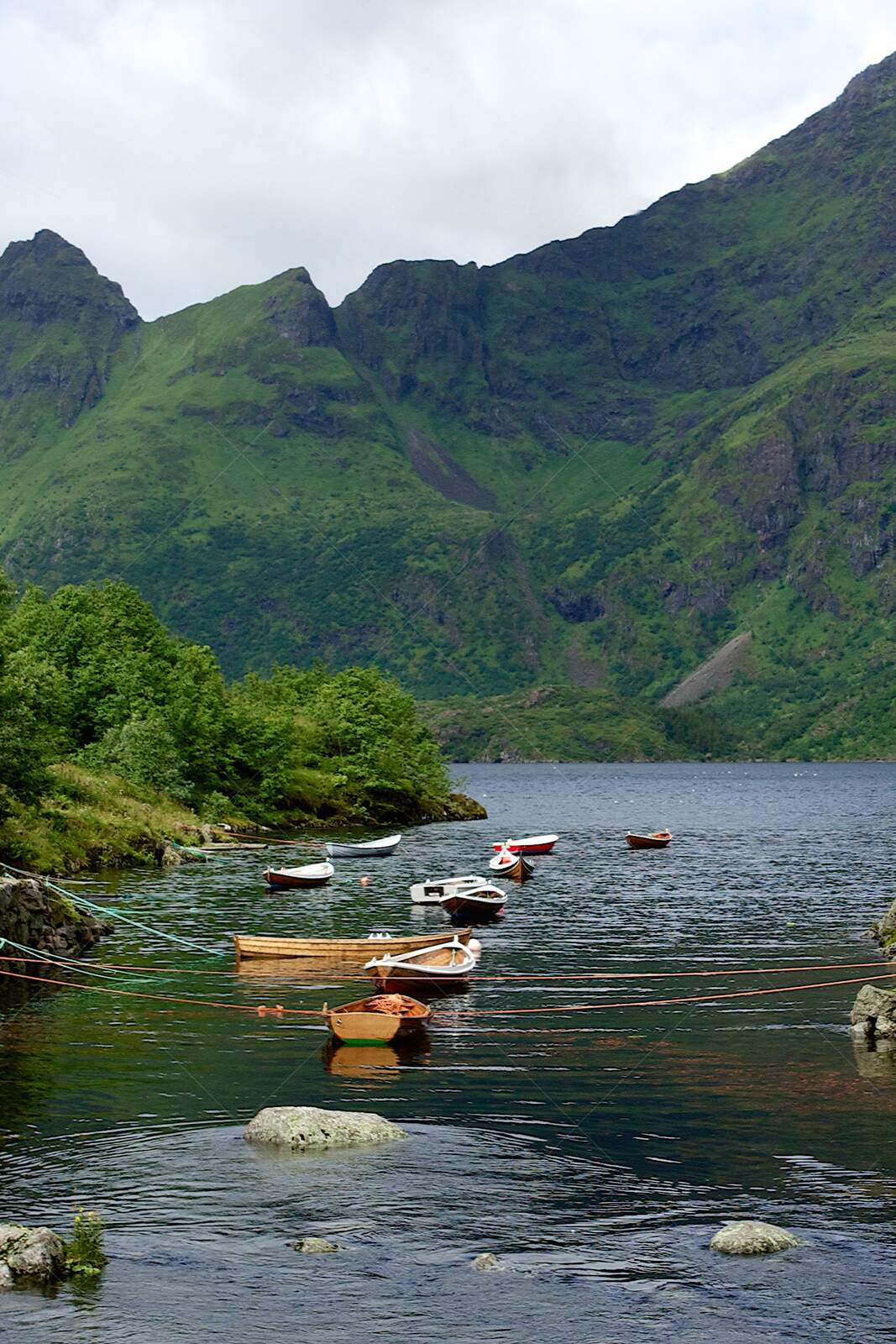 Small Boats Anchored in Lofoten Fjord Norway