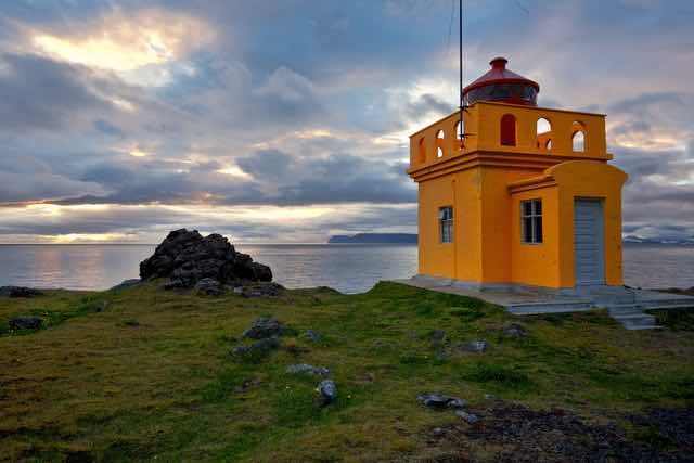 Bolungarvik Yellow Lighthouse at Sunset in Iceland